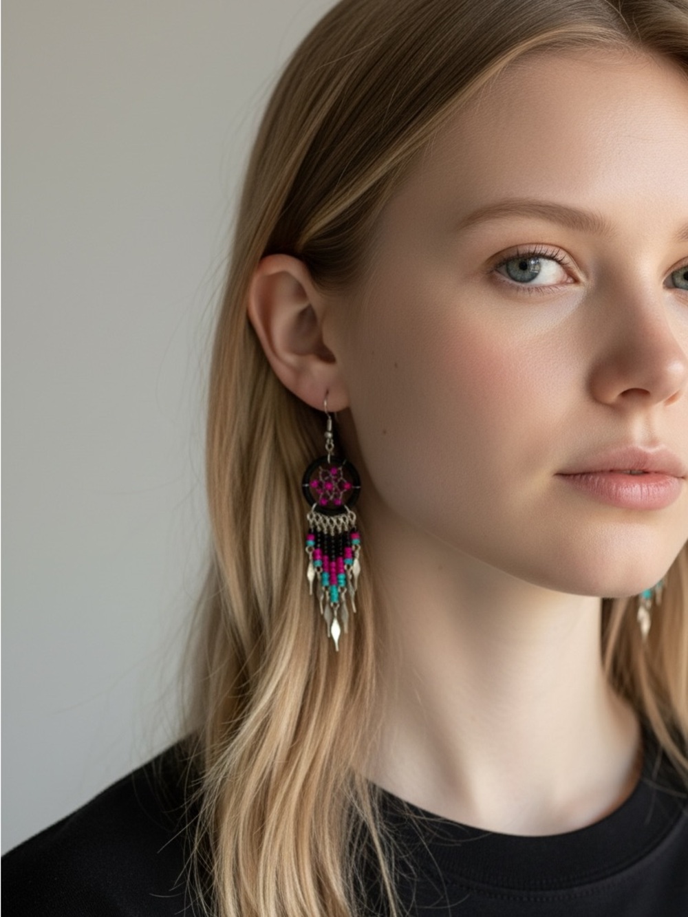 10/9 Bohemian Pink & Teal Dreamcatcher Dangle Earrings